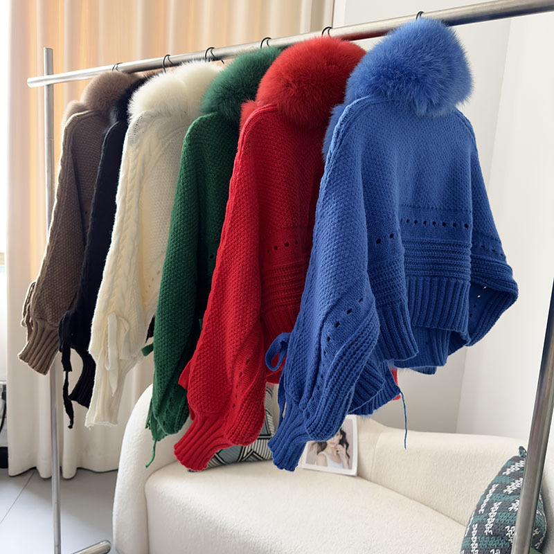 Womens Knitted jacket Fur collar coat White high-end Real fox hair Winter Women fashion short jacket