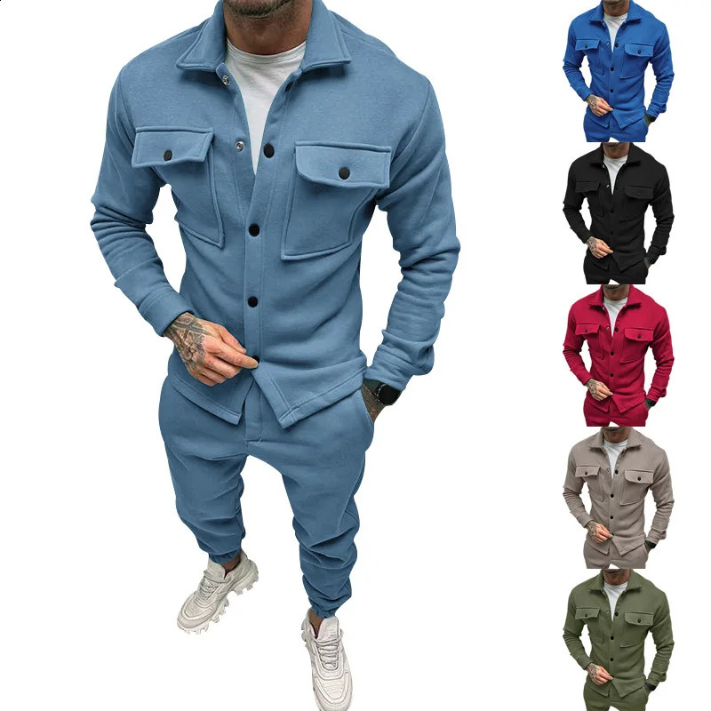 Mens jacket cargo pants set with pocket buttons spring and autumn blue track suit highquality solid color mens fashion 2piece 240903