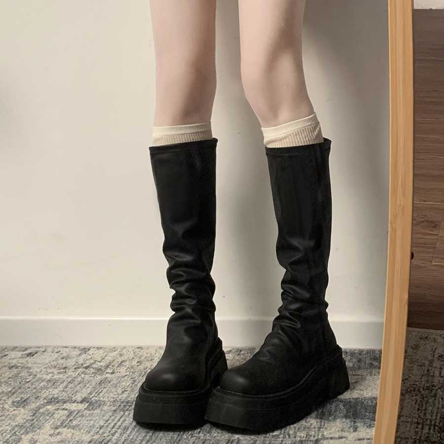 Black French Style Martin Boots Slim And Thick Soled Fashion Boots For Women Autumn High Knight Boots 240826
