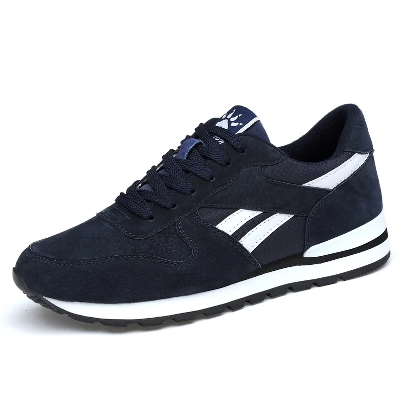 Autumn Men Sneakers Natural Pig Skin Material Male Trainers Outdoor Stylish Shoes Lace-Up Flats Non-Slip Rubber Sole Blue Grey 906
