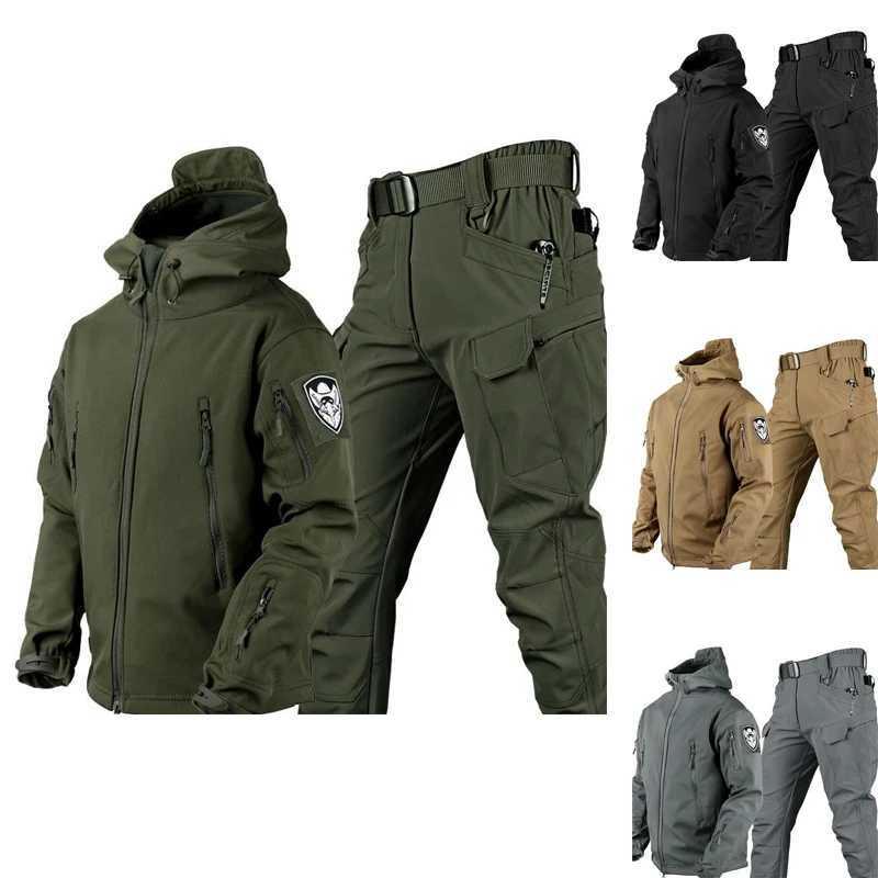 Tactical soft shell shark skin clothing outdoor waterproof and windproof jacket and pants mens camping and hiking sportswear in 6 colors W240905