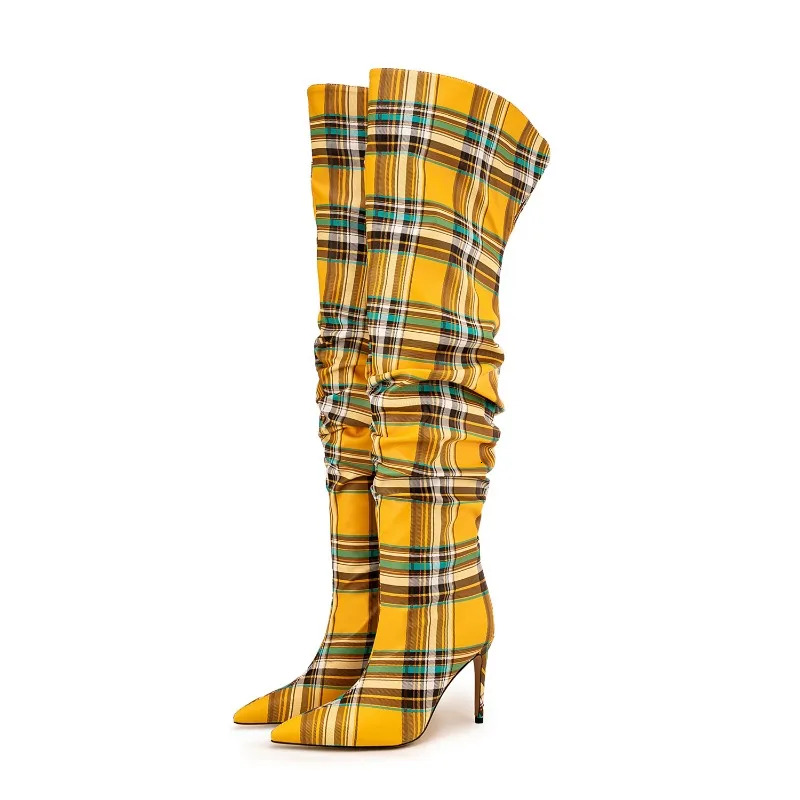 European And American High-Heeled Color Blocked Checkered Fabric Knee High Sleeve For Women's Fashionable Banquet Boots