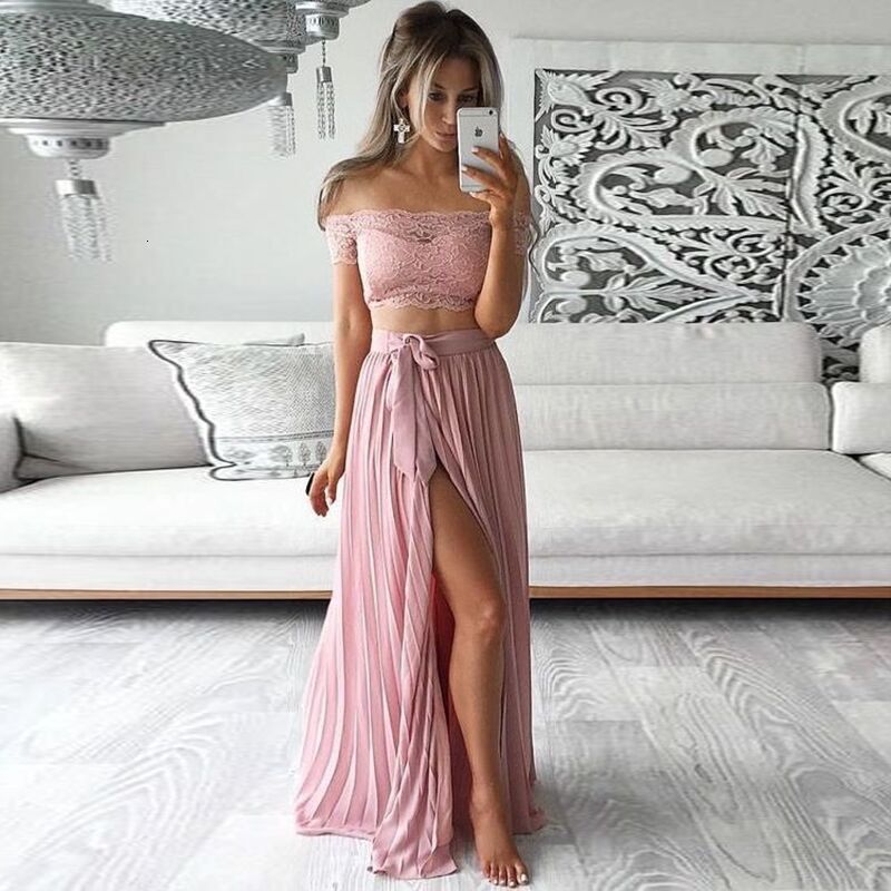 New Womens Solid Color Dress Womens Lace Skirt Two-piece Set