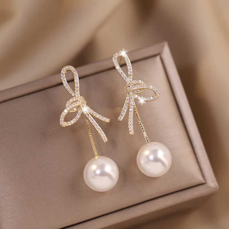2023 New Bow Pendant Earrings Fashion Long Style Sweet Pearl Womens Earrings Jewelry Girls W241023