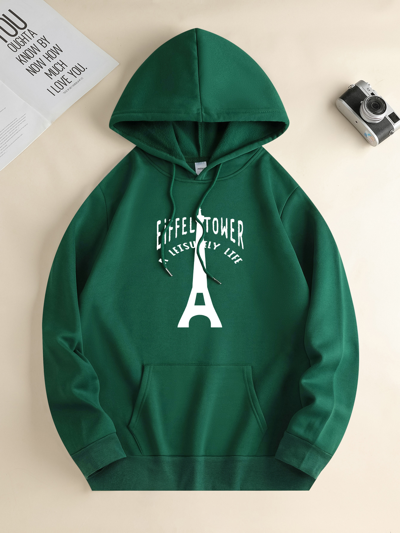 EIFFEL TOWER Graphic Print, Men's Fashion Casual Hoodie With Drawstring And Kangaroo Pocket Design, Comfy Long Sleeves Pullover Hoodie, Autumn An