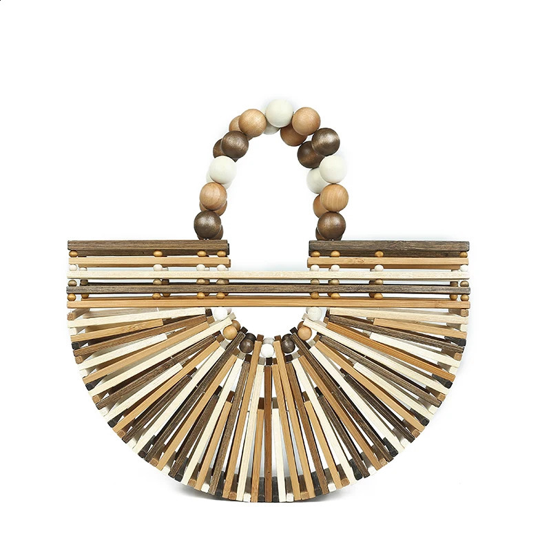 Fashion Summer Handmade Bamboo Handbag Fashion Wooden Bead Handle Womens Hollow Out Beach Bag Hand-woven Beach Travel Bag 240905