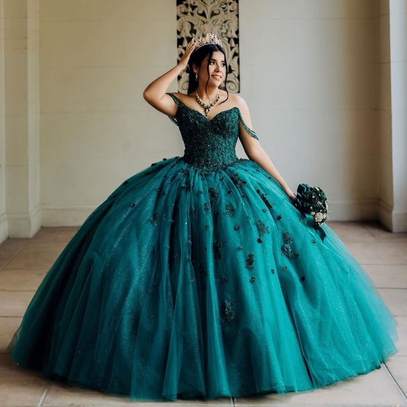 Blackish Green Ball Gown Quinceanera Dresses Lace Up Princess Beaded Birthday Party For Girl Graduation Vestido 15 De Sweet 16 Dress