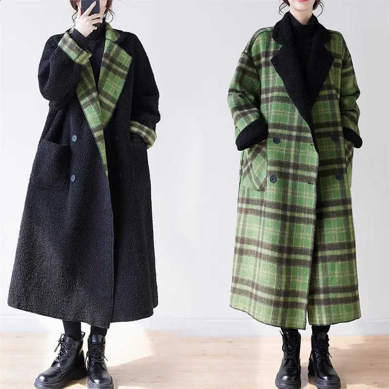 Oversized Womens Reversible Jacket Winter Plush Thickened Plaid Woolen Coat Vintage Long Loose Green Overcoat Windbreaker Z3460 240830