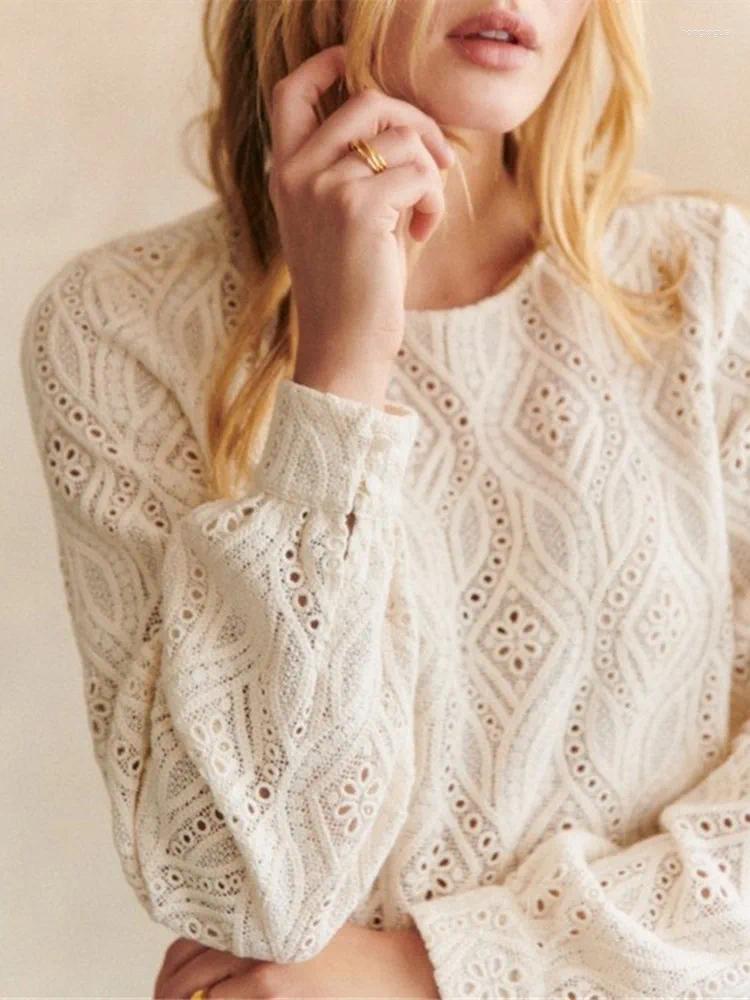 Womens Blouses Hollow Out Blouse Women Lace Patterned Round Neck Long Sleeve Temperament Straight Top Feminine Chemise Autumn 2024