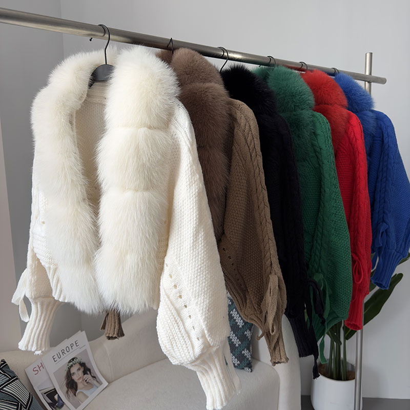 Womens Knitted jacket Fur collar coat White high-end Real fox hair Winter Women fashion short jacket