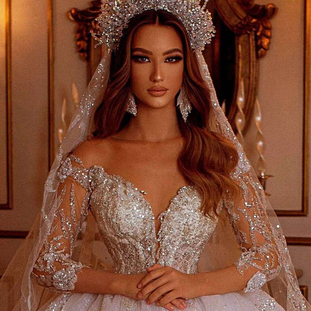 Wedding FATAPAESE Princess Dresses Strapless Beading Illusion Sleeve Sweatheart Dress Fluffy Bride V Necke Gown