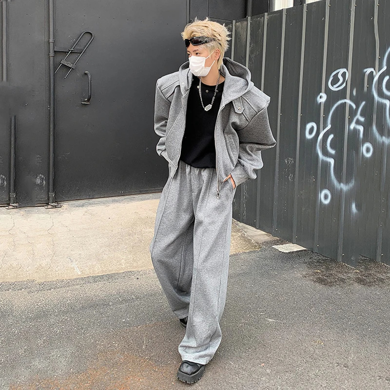 IEFB Sport Mens Suit Two-piece Zipper Shoulder Pad Short Hoodies Straight Sweatpants Loose Casual Male Set Fashion 9C7048 240902