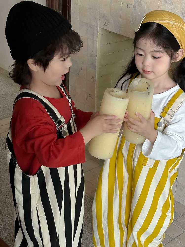 2024 Autumn New Children Striped Overalls Cotton Boys Girls Loose Versatile Strap Trousers Toddler Casual Pants Kids ClothesXJ240904