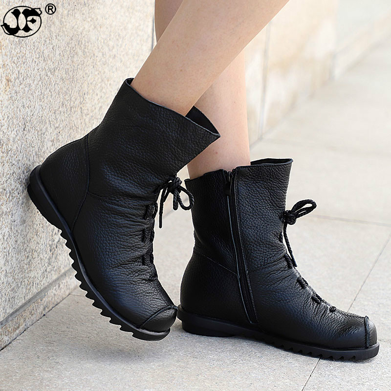 Ankle Women Boots Lace Up Vintage Genuine Leather Shoes Female Plus Size Platform Flat Winter Boot Warm Woman Footwear812 6247