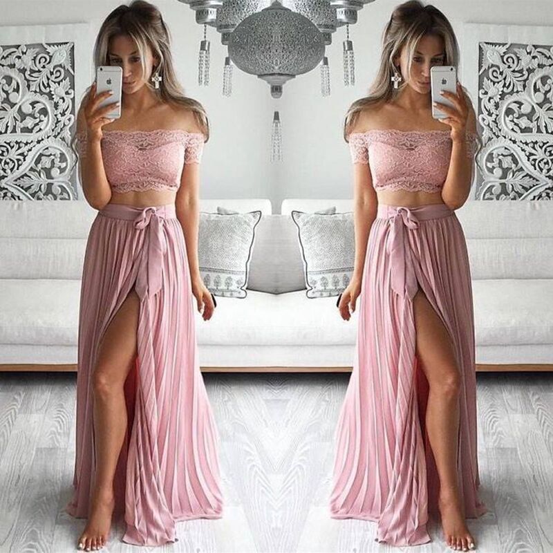 New Womens Solid Color Dress Womens Lace Skirt Two-piece Set