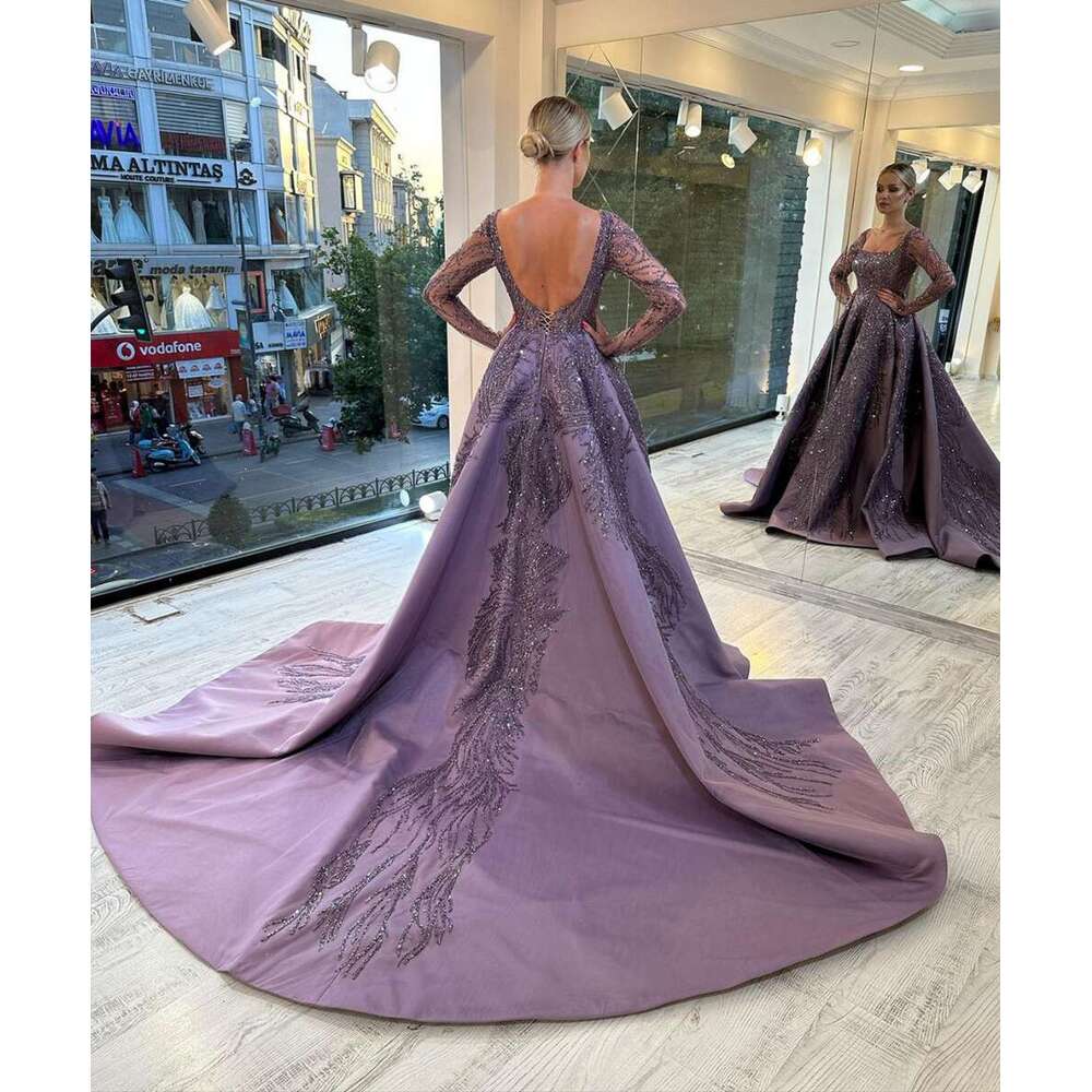 Purple Square Neck Wedding Dress Long Sleeves Backless Split Side Sweep Train Vintage Bridal Gown 0227Lz