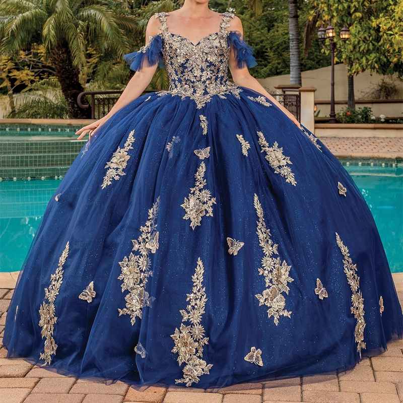 Navy Blue Princess Quinceanera Dresses Off Shoulder Gold Lace Applique Bow Corset Sweet 16 Birthday Party Vestido 15 De Anos