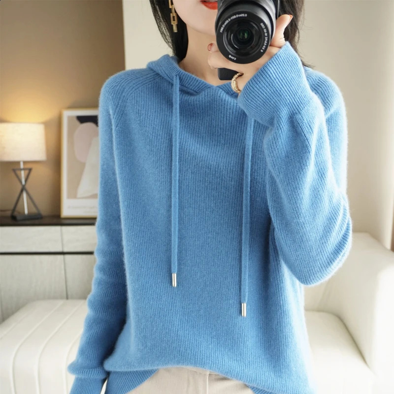 High quality cashmere hooded sweater for women loose knitted thick 240905