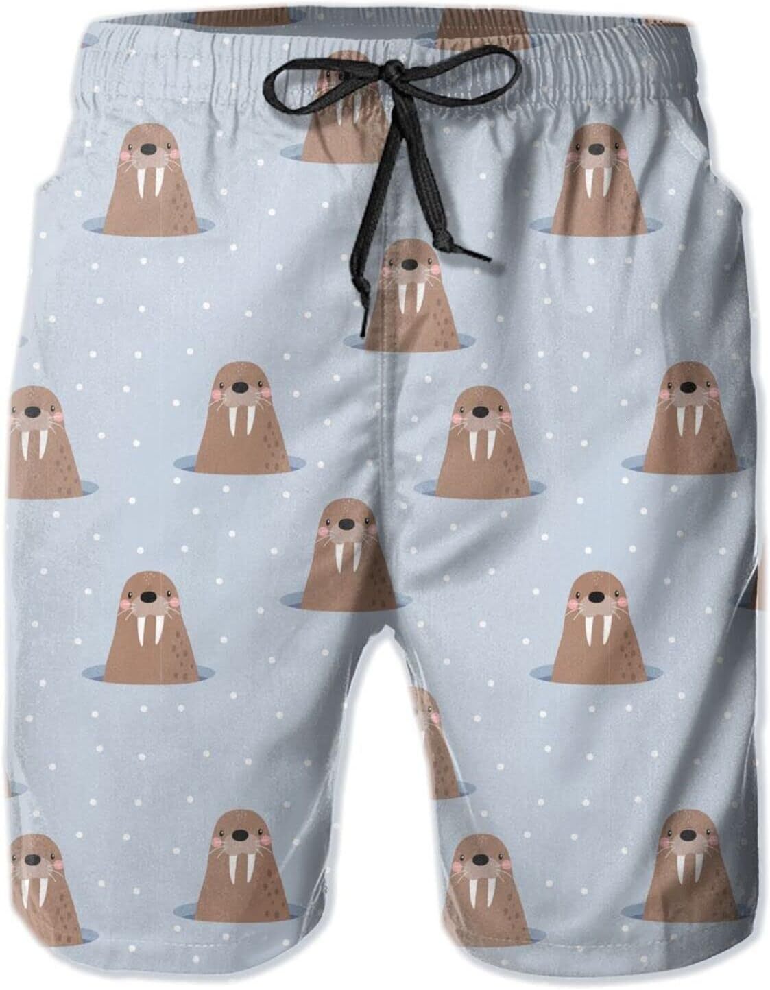Mens Shorts 3D Printed Pattern Cute Walrus Swim Trunks Quick Dry Print Beach Board Swimwear