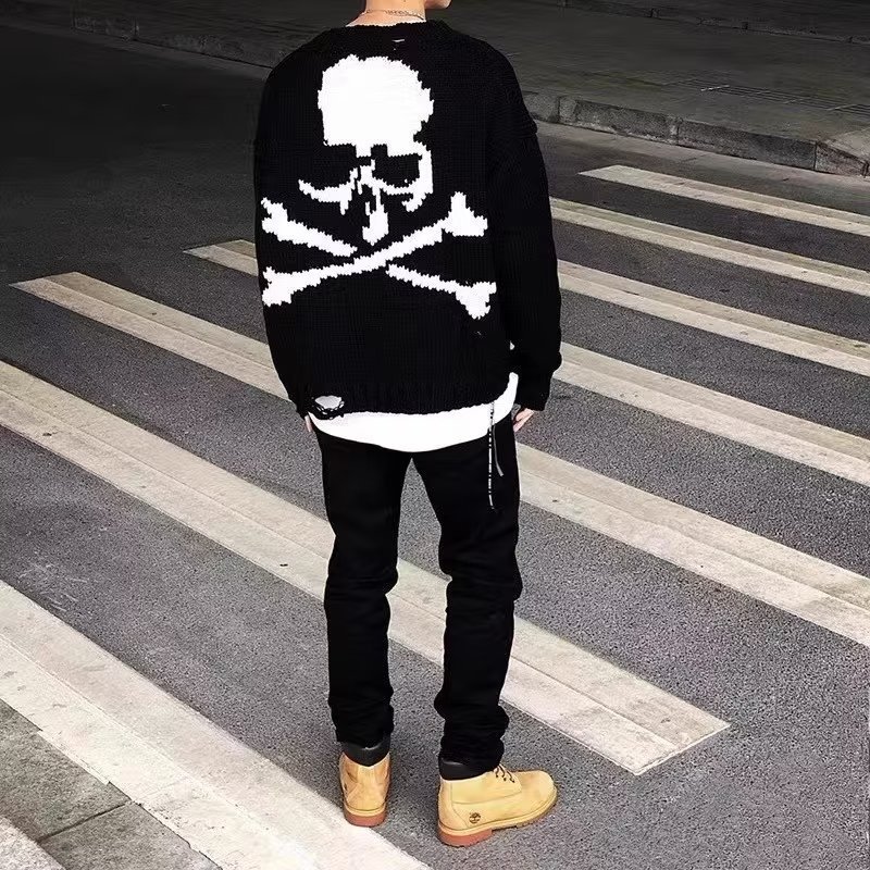 Skull Print Loose Knit Wool Sweater | Men's Streetwear Sweaters