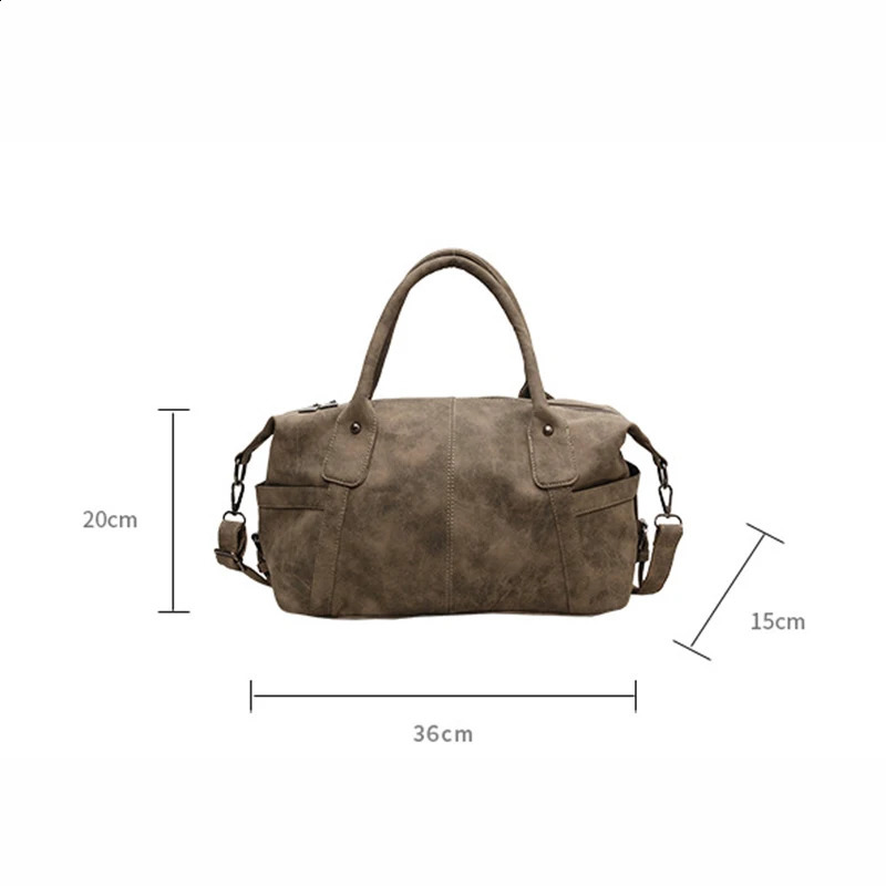 Khaki womens large capacity PU leather retro horizontal bag commuting shoulder 240903