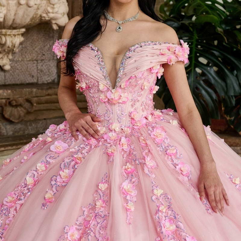 Pink Shiny Quinceanera Dresses Ball Gown Off The Shoulder Lace Applique Beaded Crystal Tull Corset Sweet 16 Dress Vestidos De 15 Anos