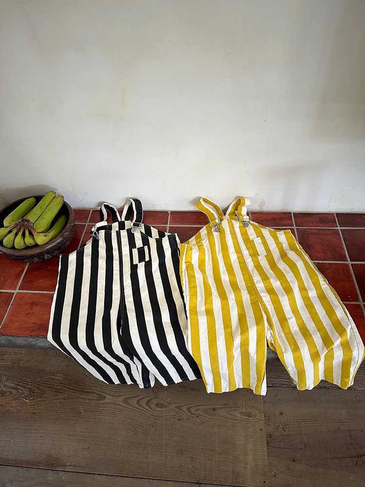 2024 Autumn New Children Striped Overalls Cotton Boys Girls Loose Versatile Strap Trousers Toddler Casual Pants Kids ClothesXJ240904