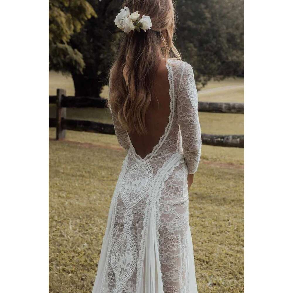Lace Boho Wedding Dress With Sleeves Elegant Bateau Neck Embroidery Low Sexy V Back Bohemian Bridal Gown