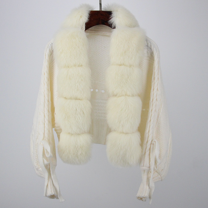 Womens Knitted jacket Fur collar coat White high-end Real fox hair Winter Women fashion short jacket