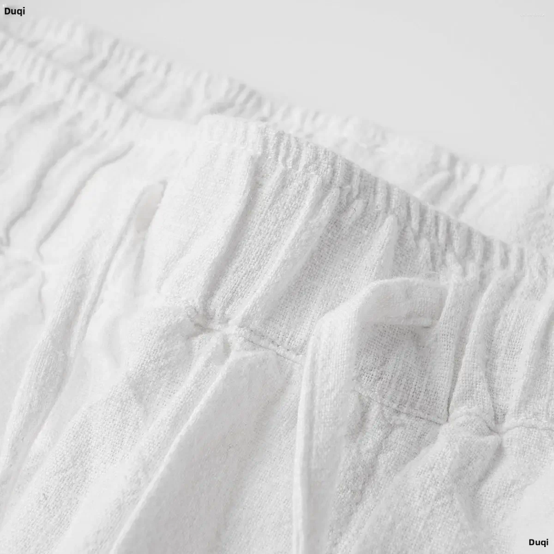Mens Pants 2024 Summer Linen Cotton Breathable Loose-fit Casual Japanese Simple Solid Color Drawstring Straight-leg White Trousers