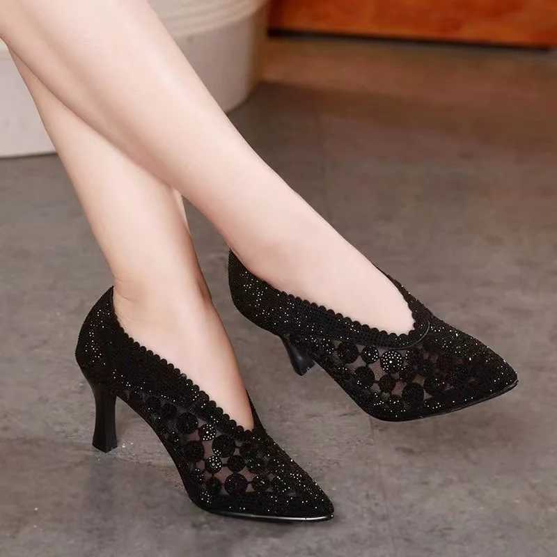 High Quality New trend Rhinodrill thick toe black bow European and American Fi mesh hollow female T241024