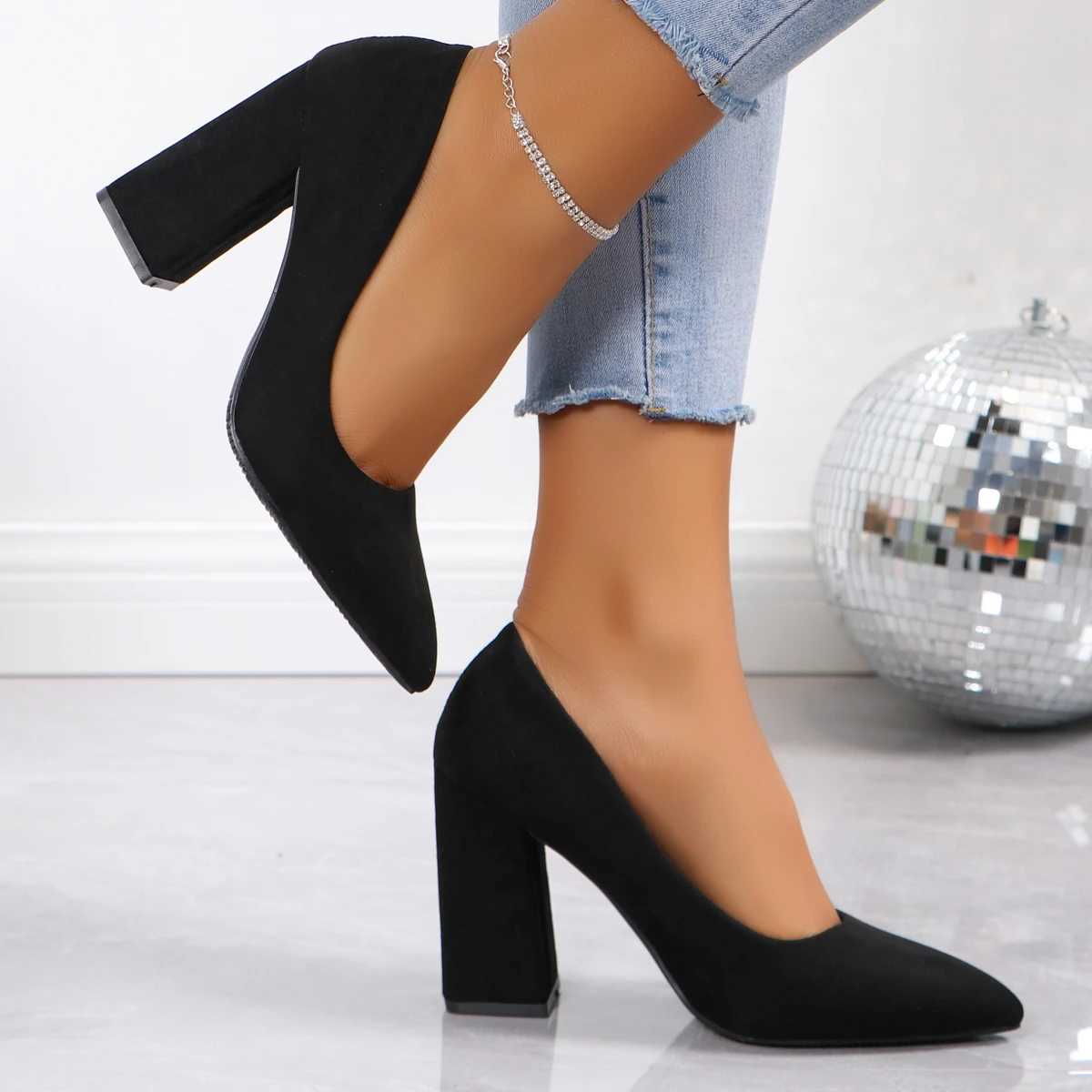 High Quality New 7cm Thick High Heels Womens Pump Shoes Suede Wedding Party Casual Square High Heels Fi Slip - Womens High Heels T241024