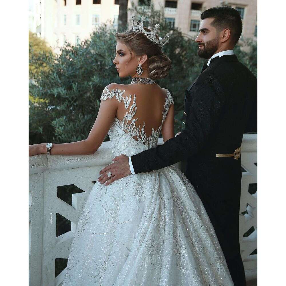 FATAPAESE Wedding Princess Dresses Glitter Beading Illusion Sleeve Sweatheart Sparkly Dress Fluffy Bride Ball Gown