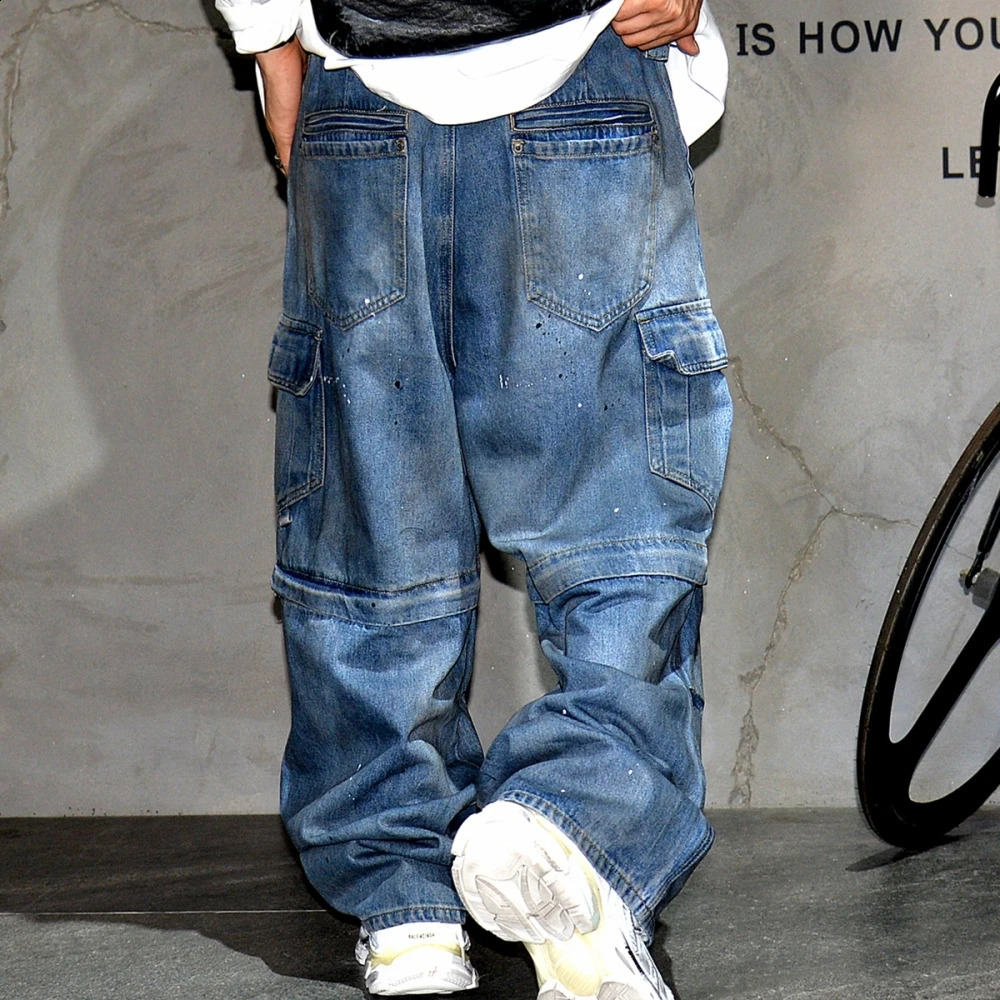 High quality Distressed Dirty Baggy jeans high-end craftsmanship detachable denim cargo pants mens clothing multi pocket mens clothing 240905