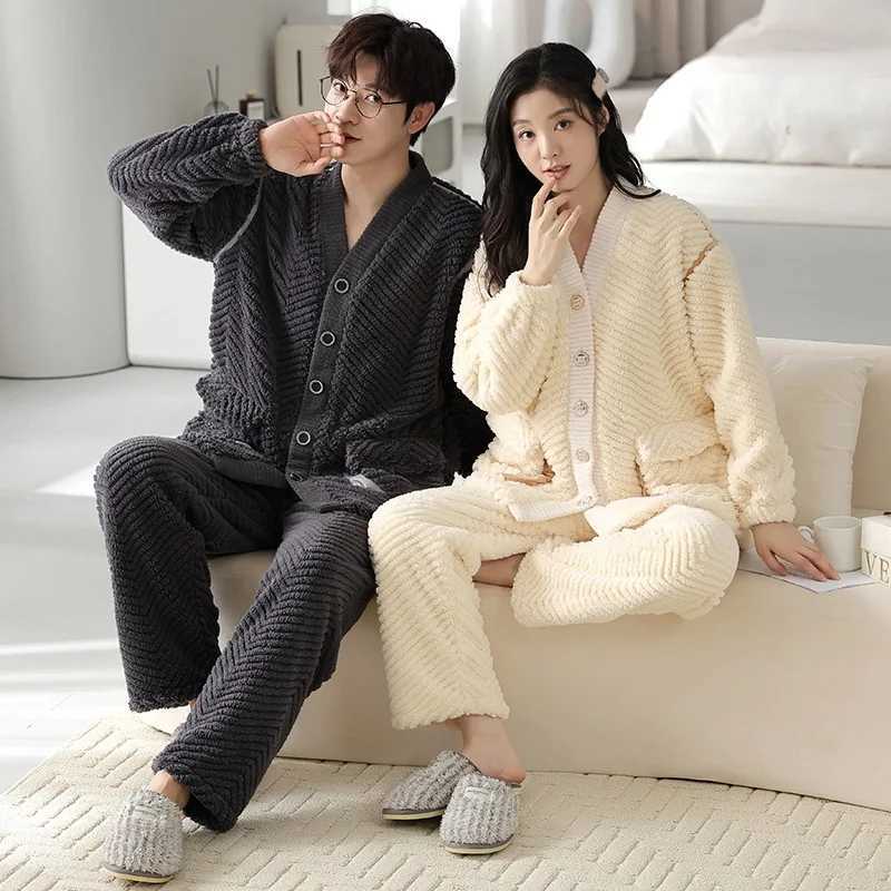 Couples Pajamas Sets Women Men Winter Flannel Thicken Pyjamas Sleepwear Cartoon Korean 2 Piece Homewear Soft Warm Pijama M240905