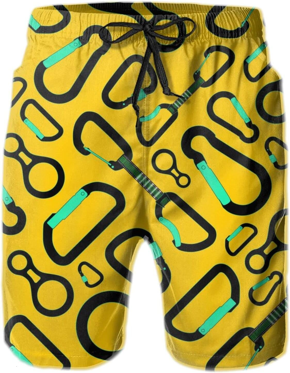 Mens Shorts 3D Printed Pattern Yellow Carabiner Swim Trunks Quick Dry Stylish Beach Board Swimwear