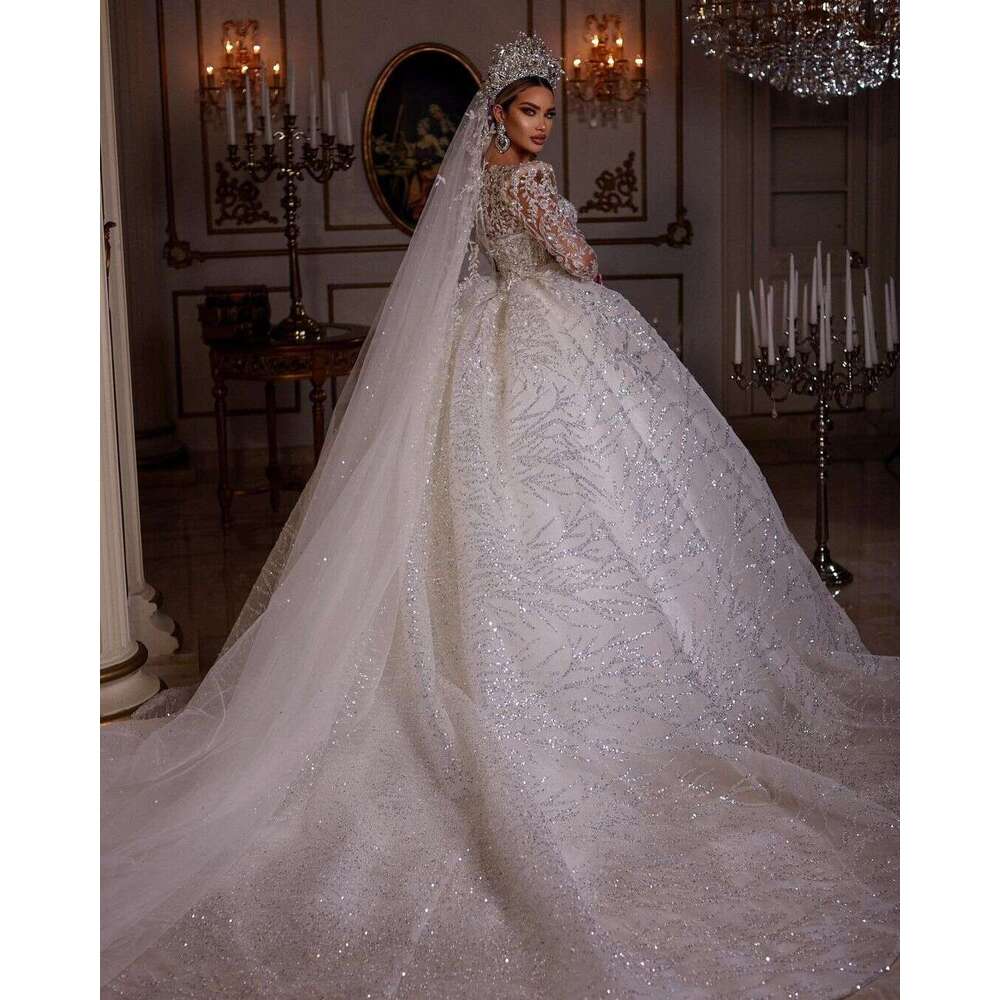 Wedding FATAPAESE Dress Princess Dresses V Neck Beading Illusion Ral Sleeve Sparkly Crystal Fluffy Skirt Bride Gown Es
