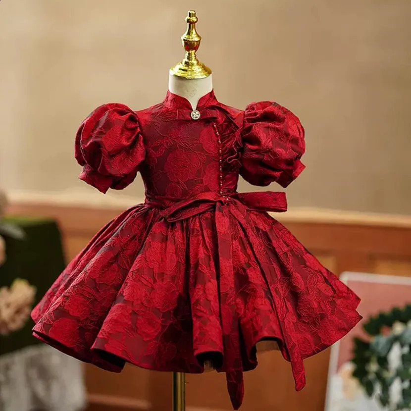 Childrens Evening Dress Bow Spanish Retro Girl Birthday Baptist Party Eid al Fitr Red Dress R250424