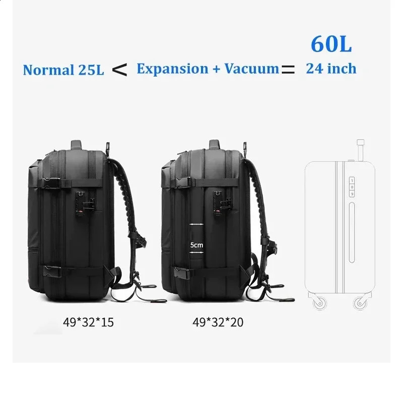 Waterproof mens travel backpack vacuum compression with air pump antitheft laptop bag expandable fashionable casual 240903
