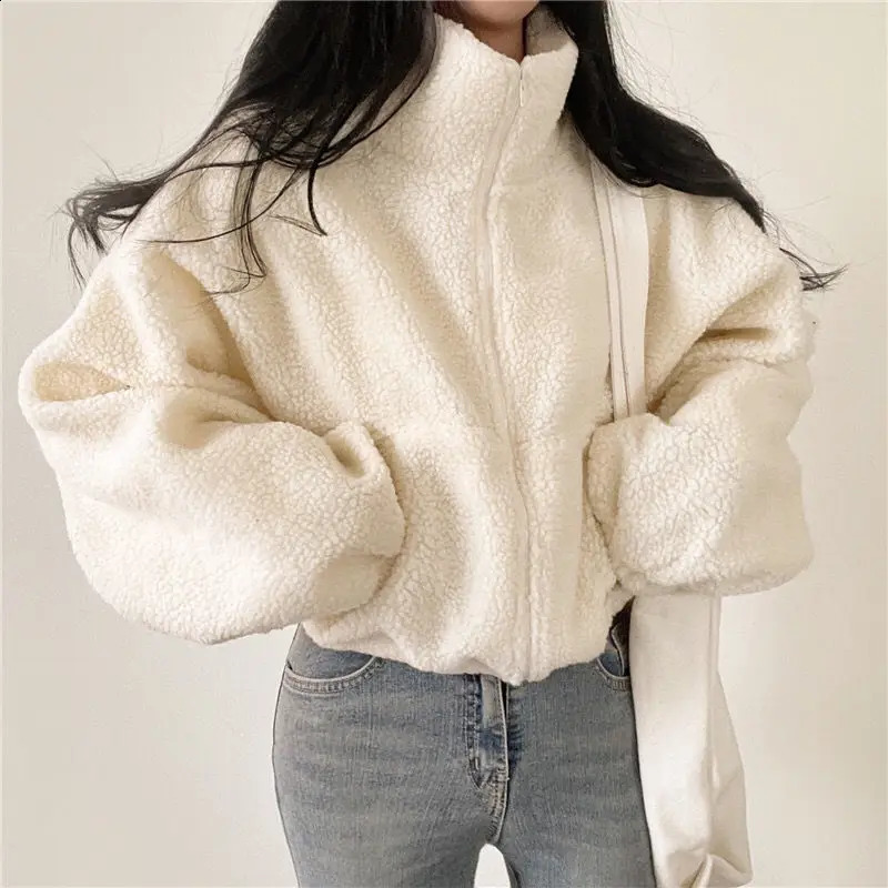 Deeptown Cropped Jacket Y2k Lambs Wool Ultra fine Thick Coat Korean Streetwear All math Womens Motorcycle Zipper 240905