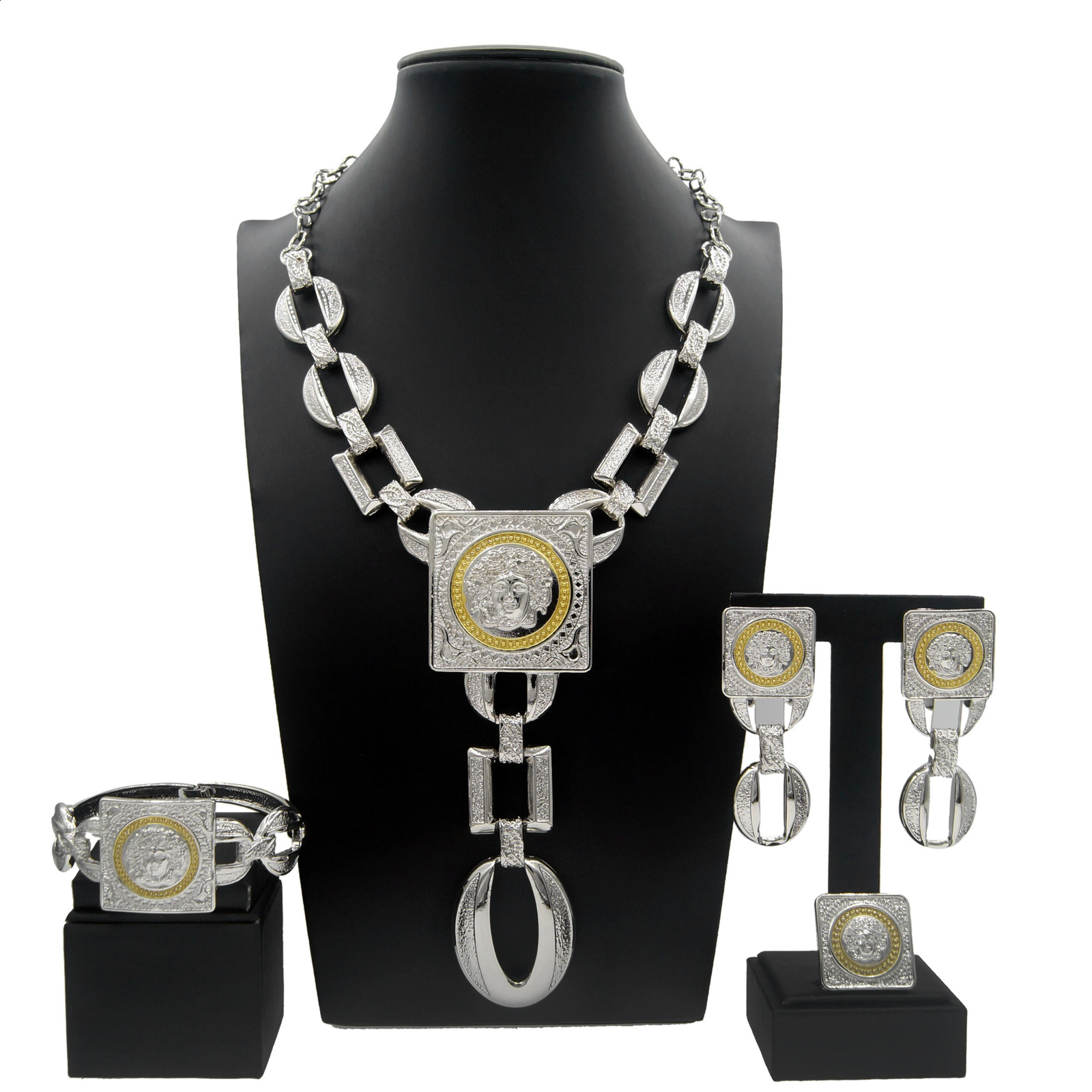 Fashion Ladies Necklace Jewelry Set Face Shape Chain Pendant Large Earrings Square Ring Gift Bijoux 240826 - view 7
