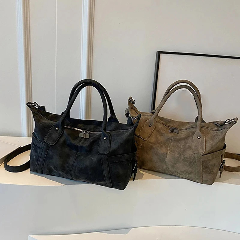 Khaki womens large capacity PU leather retro horizontal bag commuting shoulder 240903