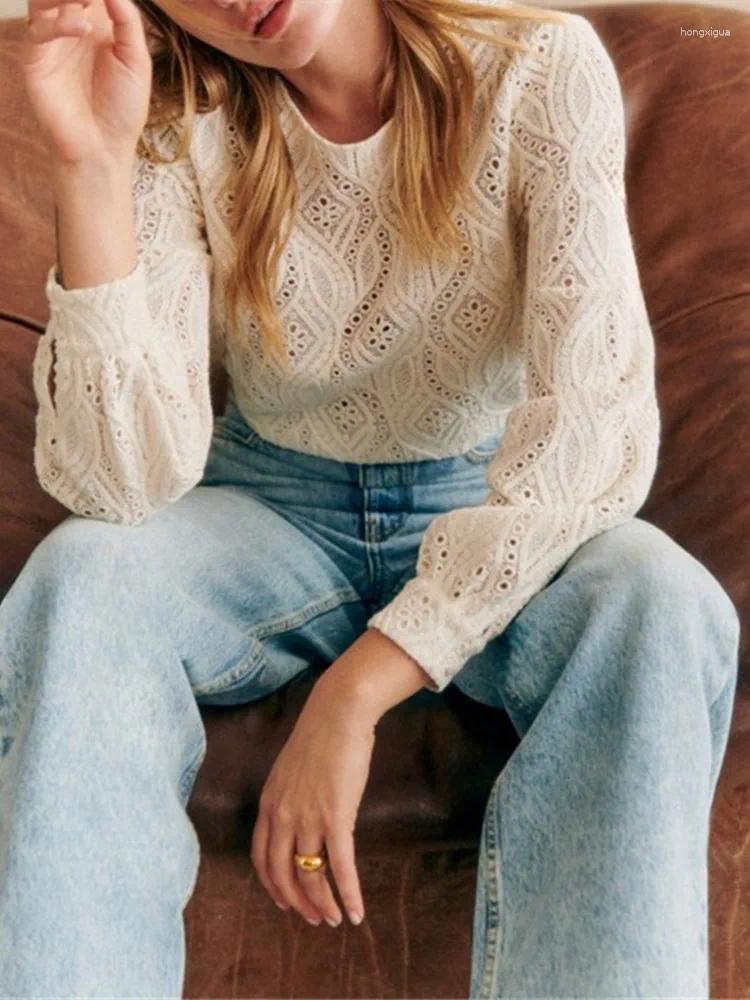 Womens Blouses Hollow Out Blouse Women Lace Patterned Round Neck Long Sleeve Temperament Straight Top Feminine Chemise Autumn 2024