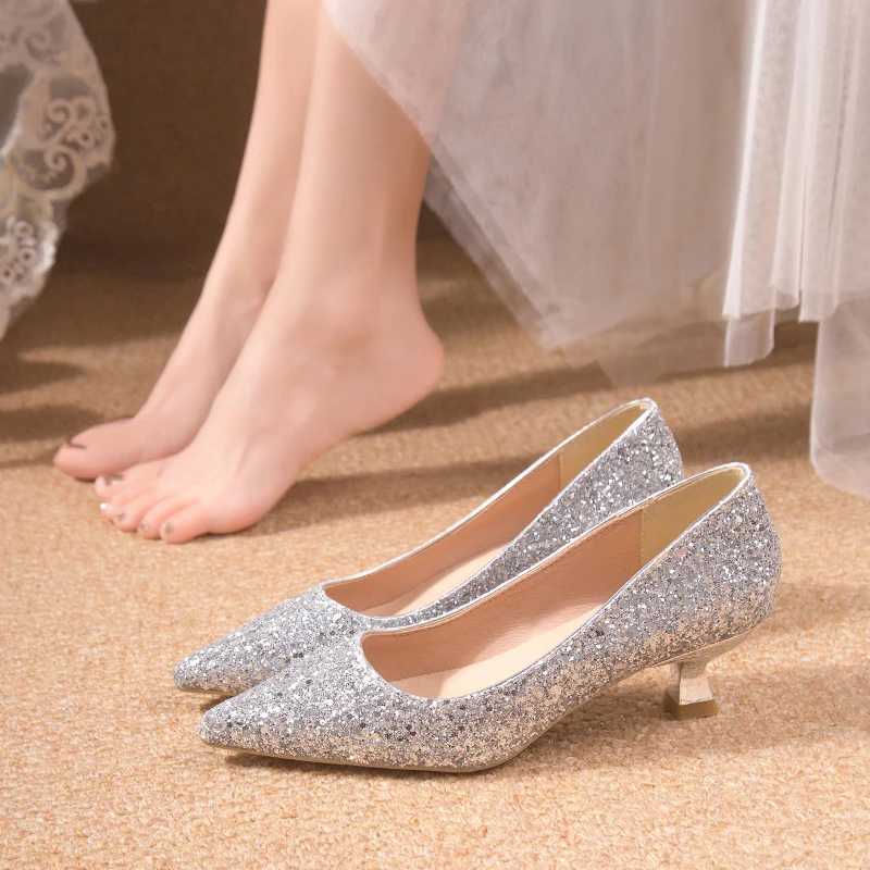 High Quality Med Heel Bling Sparkling Wedding Shoes Womens Slip Gold Sier Thin Boots Pump Womens Pointed Soles Shining Party Shoes Plus Size 42 T24102
