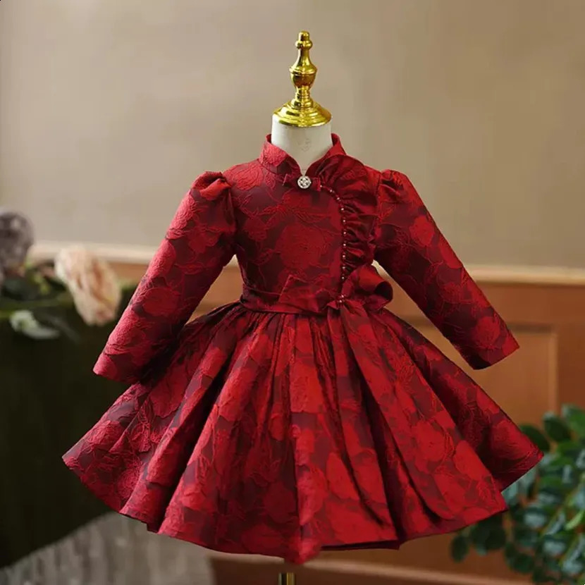 Childrens Evening Dress Bow Spanish Retro Girl Birthday Baptist Party Eid al Fitr Red Dress R250424