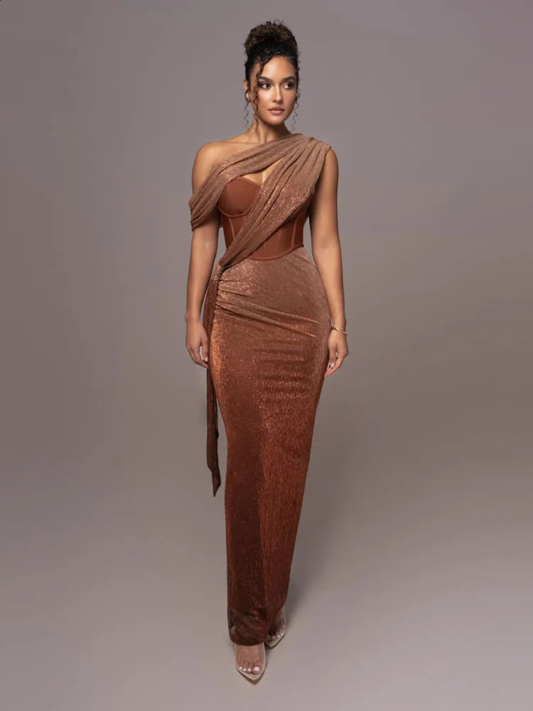 Sexy single shoulder strap sparkling long skirt womens brown tight corset sparkling backless Maxi dress evening dress party dress 240904