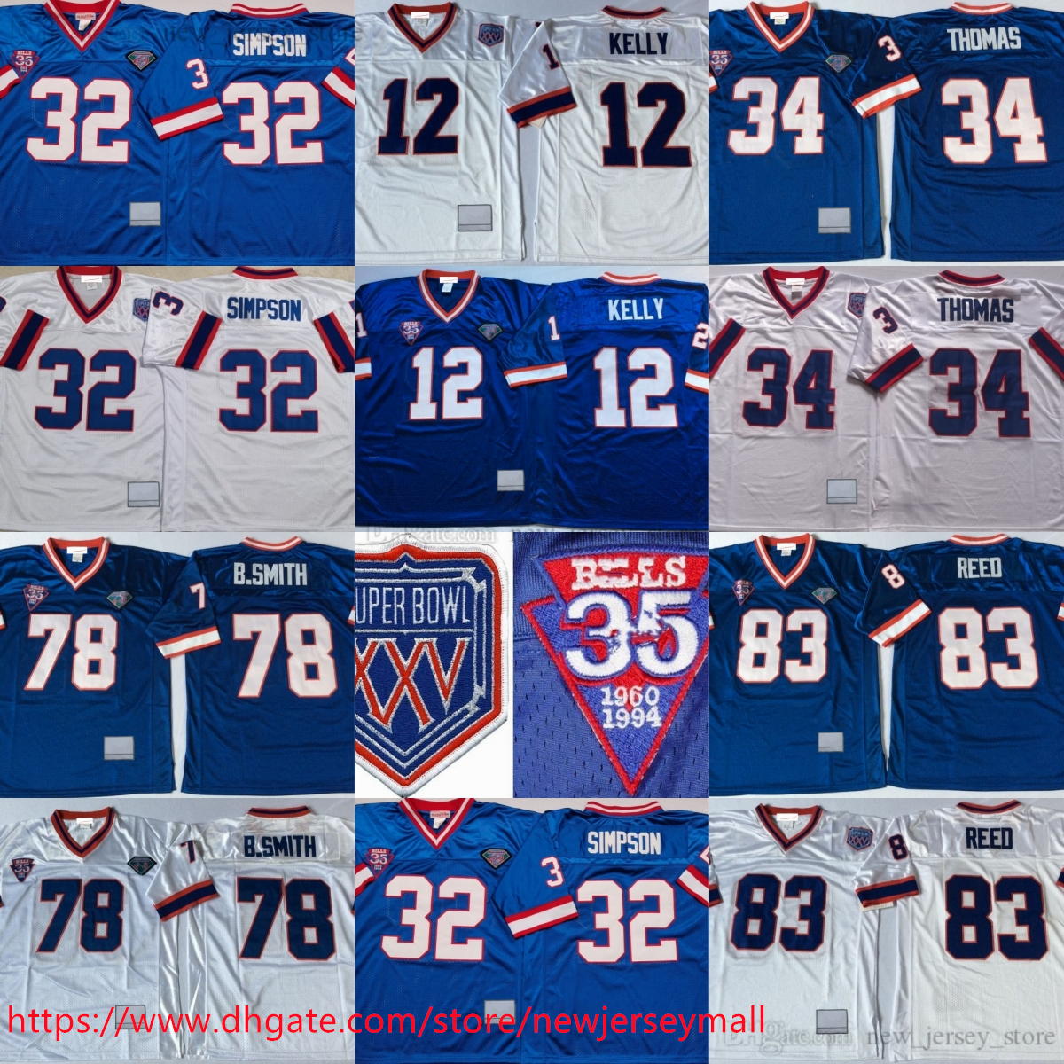 College 1994 Throwback Football 32 OJ Simpson Jerseys Retro Stitched 12 Jim Kelly 34 Thurman Thomas 78 Bruce Smith Andre Reed Jersey Vintage Breathable Sports Shirts