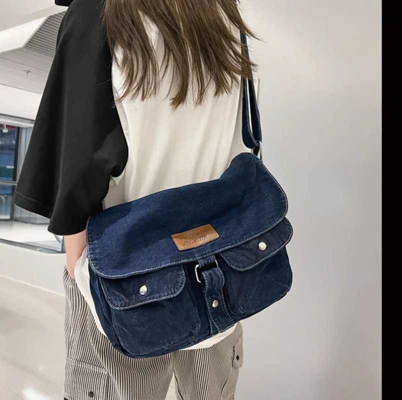 Denim Vintage Shoulder Bags for Women Japanese Fashion College Style Mens Messenger Bag Multi Functional Designer Handbag 240905