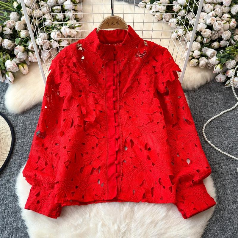 Lace Hollow Out Blouses For Women - Fashionable Solid Color Stand Collar Long Sleeve Tops