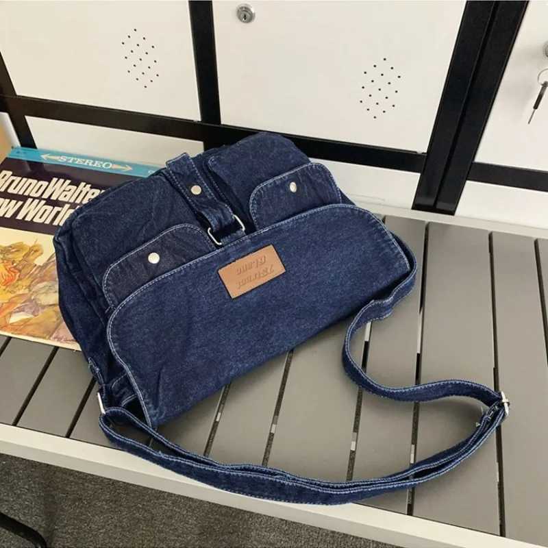 Denim Vintage Shoulder Bags for Women Japanese Fashion College Style Mens Messenger Bag Multi Functional Designer Handbag 240905